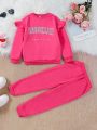 SHEIN Kids EVRYDAY Young Girl Letter Graphic Ruffle Trim Sweatshirt & Sweatpants