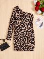 SHEIN Kids SUNSHNE Tween Girl Leopard Print One Shoulder Dress