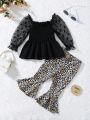 Baby Girls' Stylish Romantic Mesh Long Sleeve Top & Leopard Flare Pants 2pcs/Set For Spring & Autumn