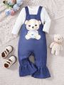 Baby Girls' Cute Bear Print Denim-Look Overalls Jumpsuit