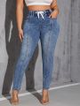 SHEIN SXY Plus Size High Waist Jeans With Waist Tie, Slim Fit