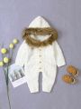 Baby Girls' Hooded Sweater Jumpsuit With Collar