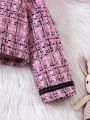 SHEIN Kids CHARMNG Young Girl Plaid Print Contrast Trim Jacket & Skirt & Bow Tie