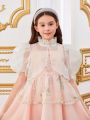 SHEIN Kids Nujoom 2pcs/Set Casual Bubble Sleeve Top And Embroidered Floral Pattern Dress For Tween Girls