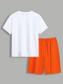 SHEIN Teen Boys' Street Style Casual Letter Printed T-Shirt With Woven Label Short Set