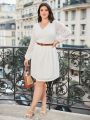 SHEIN Frenchy Plus Size Solid Color V-neck Lace Dress