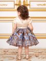 SHEIN Baby Girl'S Gorgeous Satin Lotus Leaf Edge Floral Pattern Short Sleeve Dress
