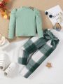 SHEIN Kids SUNSHNE New Arrival Girls' Bubble Sleeve Ribbed T-shirt And Plaid Waist Belt Straight Pants Set