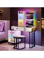 Kasibie RGB LED Lights Makeup Vanity Set,Grey Vanity Desk with Glam Glass Top&Hair Dryer Holder,Dressing table with USB&Wireless Charging Station,Makeup Desk with Visible 6Drawers,Open Storage ShelvesRGB LED Lights Makeup Vanity Set,Grey Vanity Desk