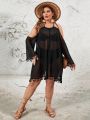 SHEIN Swim BohoFeel Plus Size Women's Hollow Out Shoulder Fringe Decor Perspective Cover Up Dress