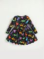 SHEIN Baby Girl Dinosaur Print Flare Hem Dress