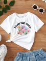 Girls' Cute Cartoon Bear And Slogan Print Short Sleeve T-Shirt Suitable For Summer