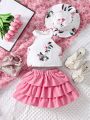 Baby Girl Floral Print Halterneck Top & Tiered Ruffle Hem Skirt Set