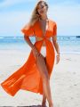 SHEIN Swim Vcay Ladies' Solid Color Twist Front Hollow Out Cover Up