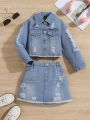 Toddler Girls' Basic Casual Light Blue Washed Denim Jacket & Skirt Set With Fringe Hem