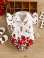 Baby Girl's Elegant Floral Print Shirt Collar Flutter Sleeve Romper For Spring And Summer