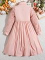 SHEIN Kids QTFun Girls' Fringe Long Sleeve High Neck Knit Elegant Vintage Pink Dress