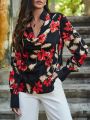 SHEIN LUNE Random Botanic Print Drape Neck Long Sleeve Blouse