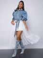 Katalyst Kouture Puff Sleeve Belted Mesh Hem Denim Dress