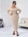 SHEIN Privé Queen Anne Collar Ribbed Plus Size Dress With Square Neckline