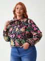 Polina Brazil Plus Size Women'S Floral Print Tie Neck Blouse