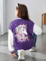 SHEIN Tween Girl Unicorn Print Drop Shoulder Two Tone Varsity Jacket