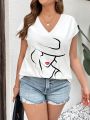 SHEIN LUNE Plus Size V-Neck Portraiture Printed T-Shirt