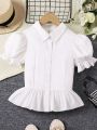 Teen Girls' Short Sleeve Puff Sleeve Blouse With Ruffle Trim