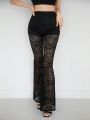 SHEINNeu Fashion Chinese Dragon Totem Rhinestone T-Shirt & Classic Black Lace Patterned Exquisite Trousers Women'S 2 Pcs Set