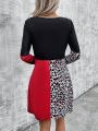 Women's Leopard Print Contrast Color Dress