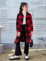 SHEIN Tween Girl Buffalo Plaid Print Drop Shoulder Flap Pocket Fleece Coat