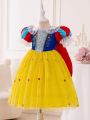 Young Girl'S Romantic & Gorgeous Floral & Glitter Detail Puff Sleeve Blue Princess Cape Mesh Dress