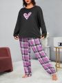 Plus Size Round Neck Long Sleeve T-Shirt And Plaid Pants Pajama Set