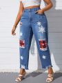 Women'S Plus Size Plaid & Snowflake Printed Distressed Jeans