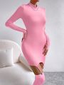 SHEIN Privé Solid Color Stand Collar Bodycon Long Sleeve Dress