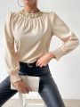 SHEIN Essnce Women's Sequin Patchwork Round Neckline Shirred Cuff Blouse