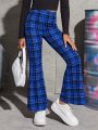 SHEIN Kids Cooltwn Tween Girl Plaid Print Flare Leg Pants