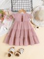 SHEIN Baby Girl Casual Solid Color Short Sleeve Doll Dress With Ruffled Hem