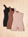 SHEIN Kids EVRYDAY Big Girls' Knitted Solid Color One-Shoulder Casual Romper 3pcs/Set