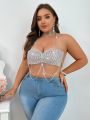 Plus Size Diamond & Fishnet & Chain Decorated Sexy Backless Halter Neck Lingerie For Wedding Season