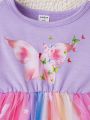 SHEIN Baby Girl Butterfly Print Ombre Contrast Mesh Ruffle Trim Dress