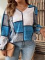 SHEIN LUNE Plus Size Color Block V-neck Shirt