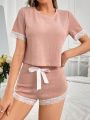 Short Sleeve Lace Patchwork Pajamas Set