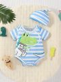 SHEIN Baby Boys' Crocodile Pattern Striped Romper & Hat Set