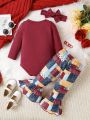 3pcs/Set Infant Girls' Frill Edge Bodysuit, Leisure Plaid Pants, Headband Set For Autumn/Winter