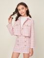 SHEIN Kids Nujoom Girls Gold Button Detail Tweed Jacket & Skirt Set