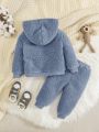 SHEIN Baby Boy Letter Embroidery 3D Ear Design Teddy Hoodie & Pants