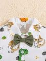 SHEIN Baby Boys' Cartoon Animal Pattern Shirt Collar Casual Top, Pure Color Shorts And Bow Tie 3pcs Set