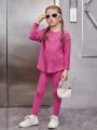 SHEIN Toddler Girls' Retro Simple Street Style Knitted Solid Color Round Neck Long Sleeve Top And Irregular Hem Pure Color Pants Set