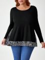 Fefe Marin Plus Size Women'S Patchwork Paisley Print Long Sleeve T-Shirt